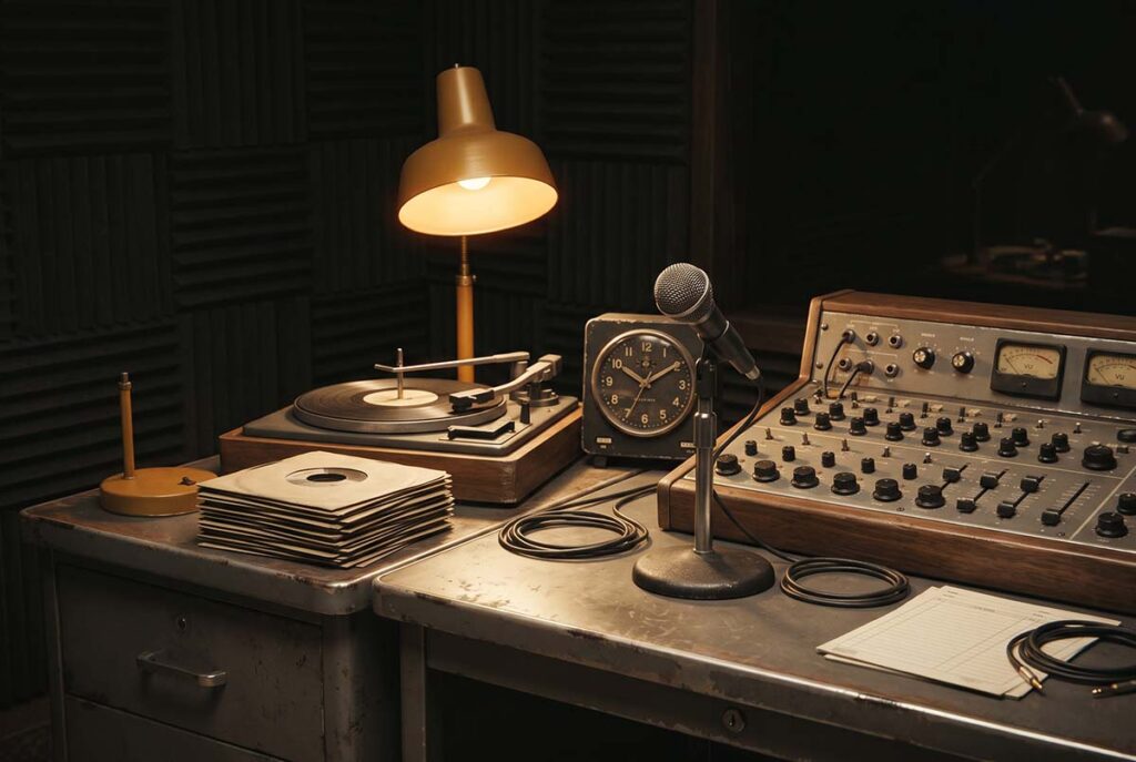 Seven-inch singles beside a 1960s radio console, showing the compact format that shaped early rock distribution