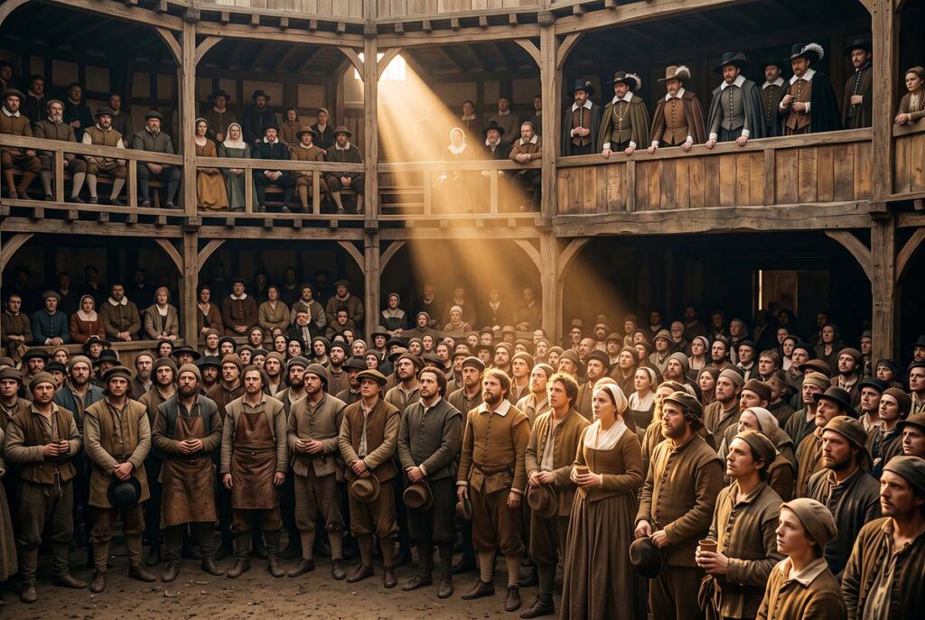A socially mixed London playhouse audience shares one performance space around 1612 while remaining visibly stratified.