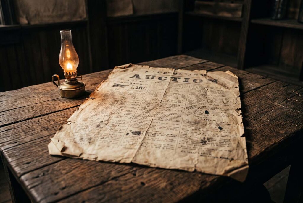 Auction broadside on a worn table evokes the legal machinery of human ownership in the antebellum South.