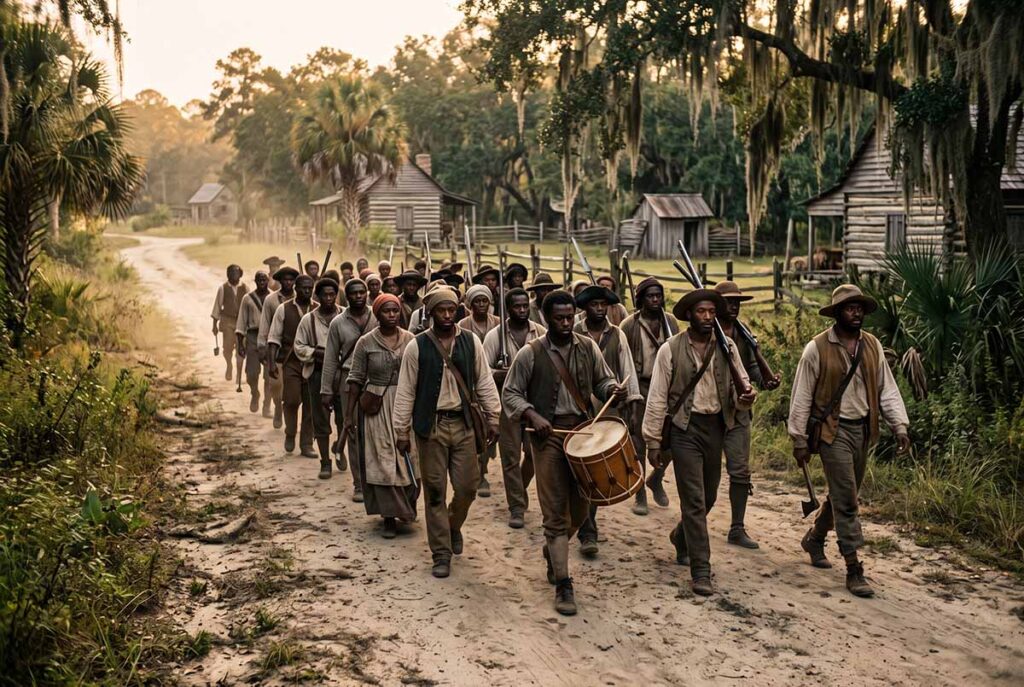 Stono rebels march south along the Pon Pon Road with a drum in South Carolina in 1739.