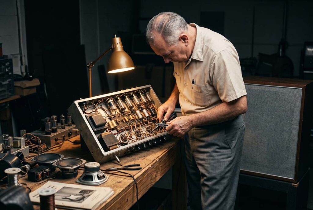 Leo Fender examines high-powered amplifier components as musicians push early-1960s equipment beyond its limits