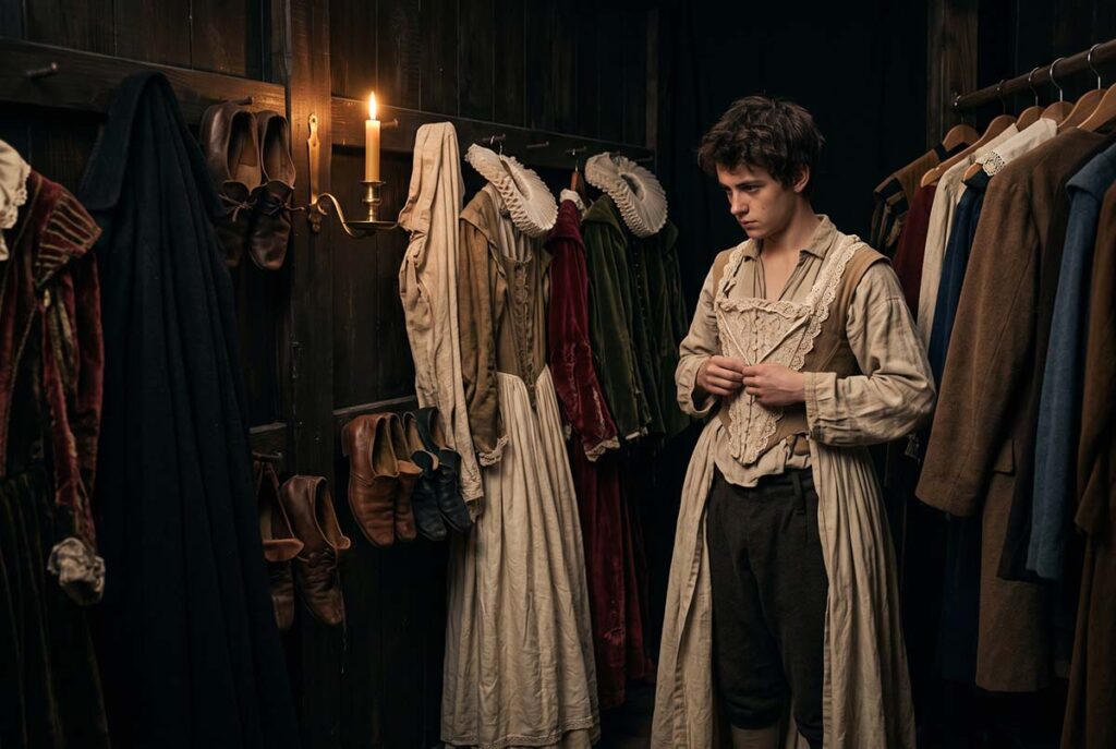 A young male actor prepares a female stage costume in a London playhouse, showing how clothing could construct visible identity.