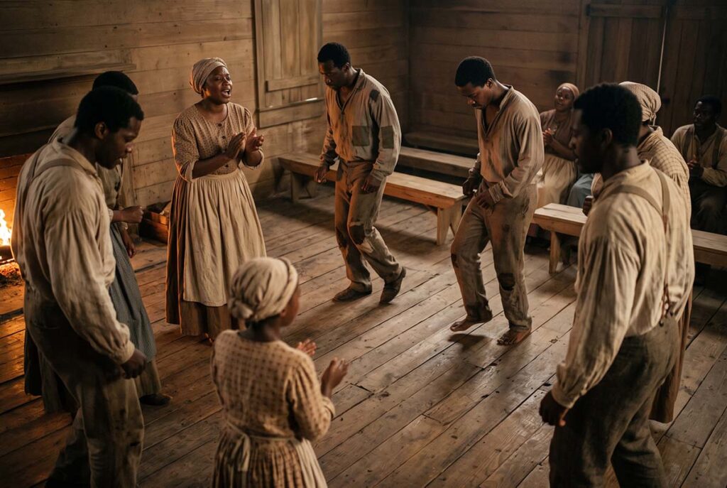 Ring shout in a timber worship space shows rhythm surviving through clapping, shuffling feet, and collective movement.