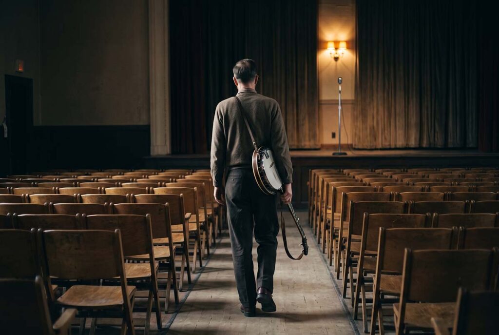 Pete Seeger walks through an empty 1950s venue as the blacklist cuts political folk off from commercial access.