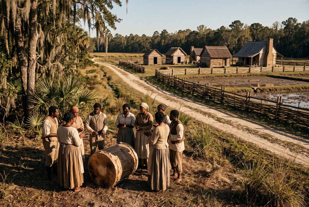 A drum sits within a controlled Lowcountry landscape where sound could cross plantation boundaries.