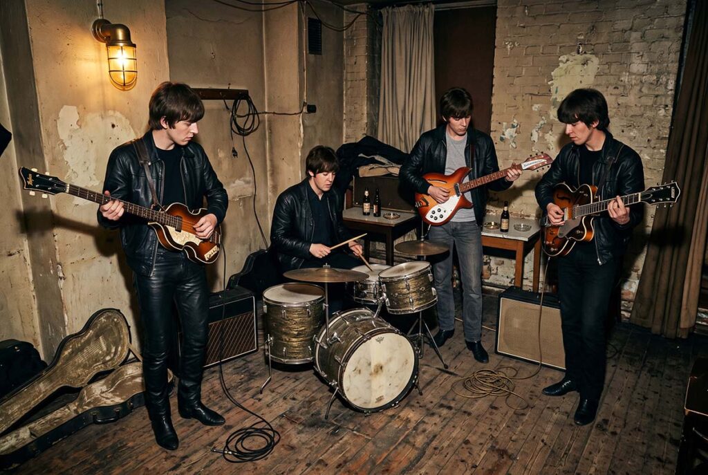 Young Beatles rehearse in a Hamburg club as American musical blueprints are transformed through repeated performance