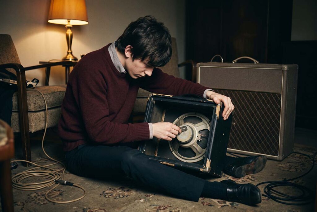Dave Davies cuts an Elpico speaker cone in 1964, turning deliberate mechanical damage into a guitar sound