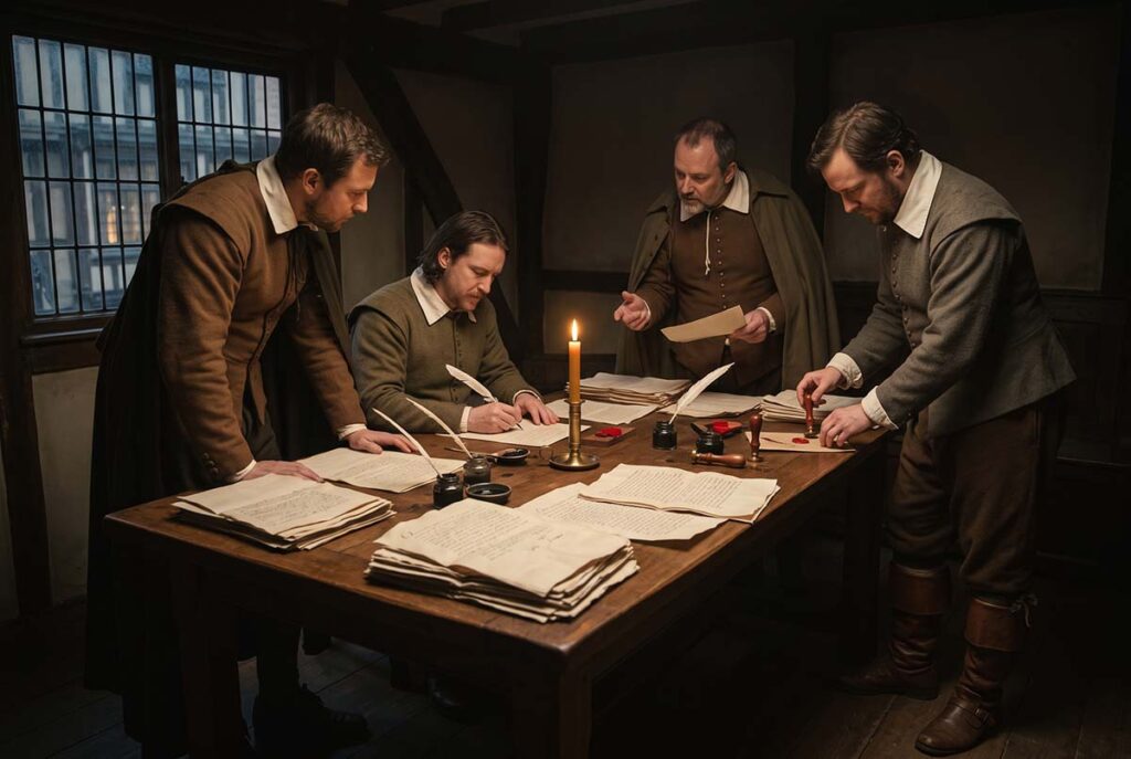 Parliamentary clerks prepare the 1642 stage-play suspension amid the administrative gravity of England's civil war.