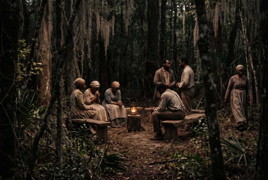 A secluded wooded hush harbor shows enslaved worship moving beyond direct white supervision in the antebellum South.