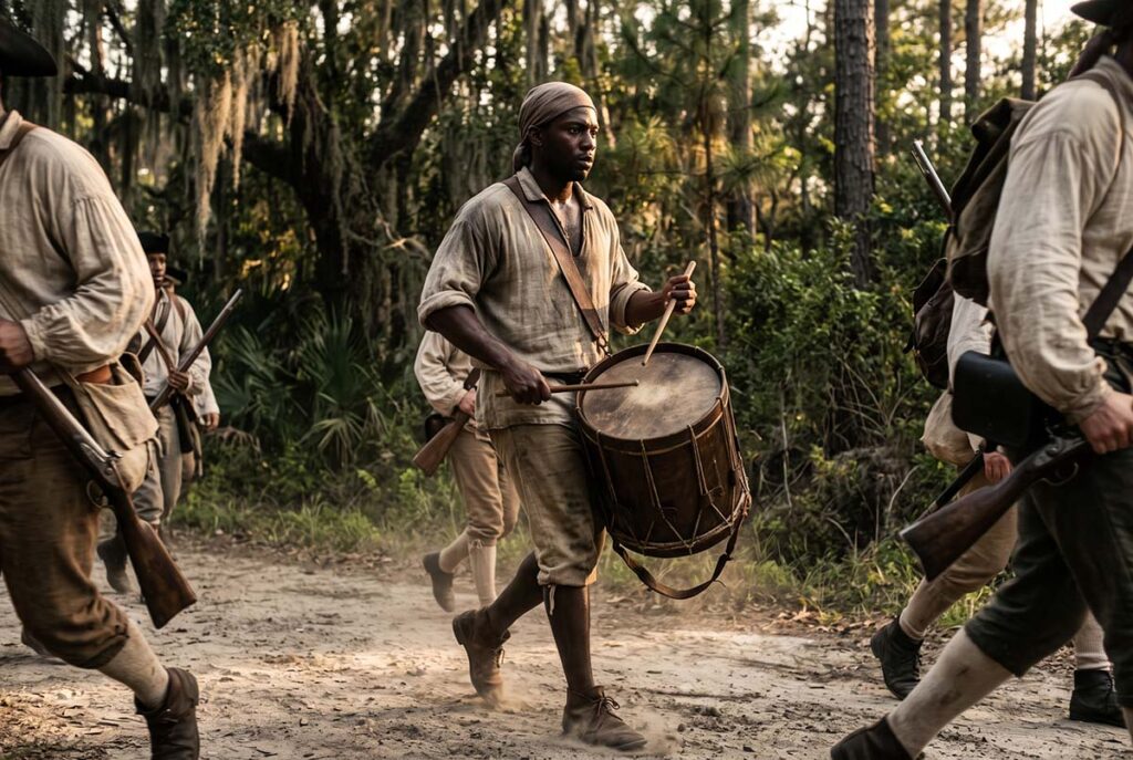 A drummer moves within the Stono rebel column as sound travels along a South Carolina road in 1739.