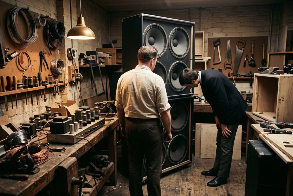 Jim Marshall and Pete Townshend confront the oversized cabinet problem that led toward the Marshall stack