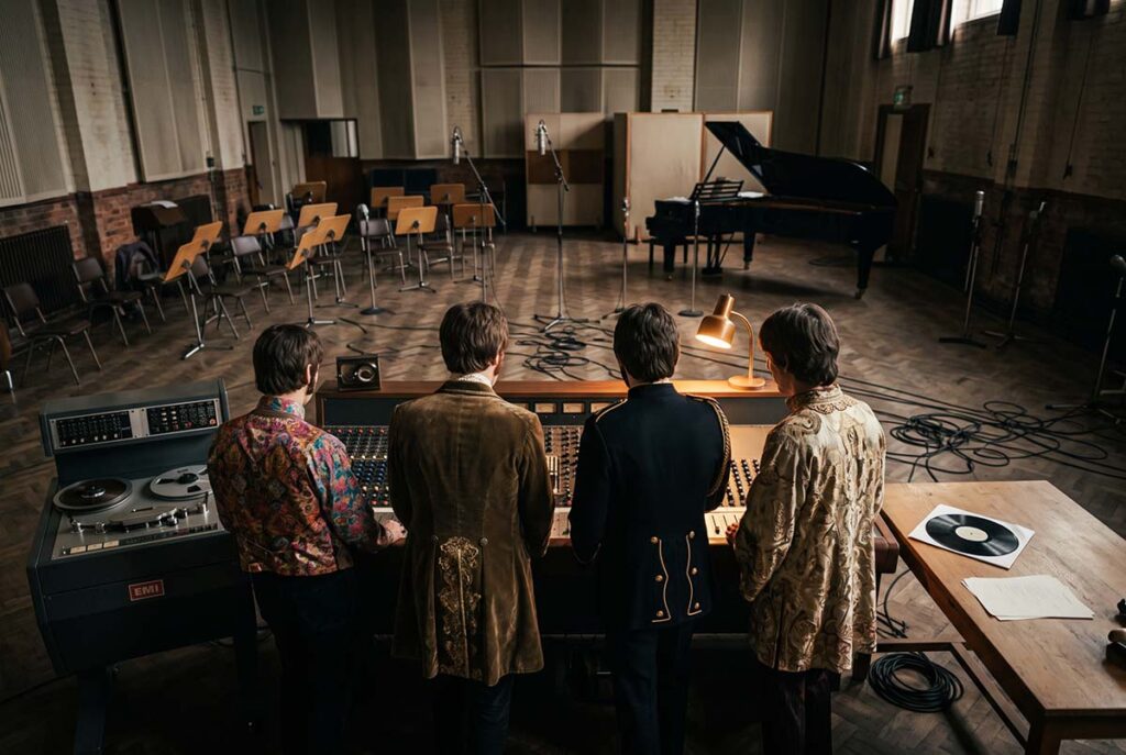Four Beatles figures face a 1967 studio console as the LP becomes a complete recording object rather than a song container