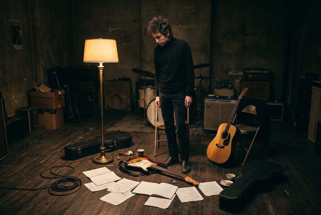 Bob Dylan studies an electric guitar in 1965 as his writing and musical language move beyond topical folk expectations.