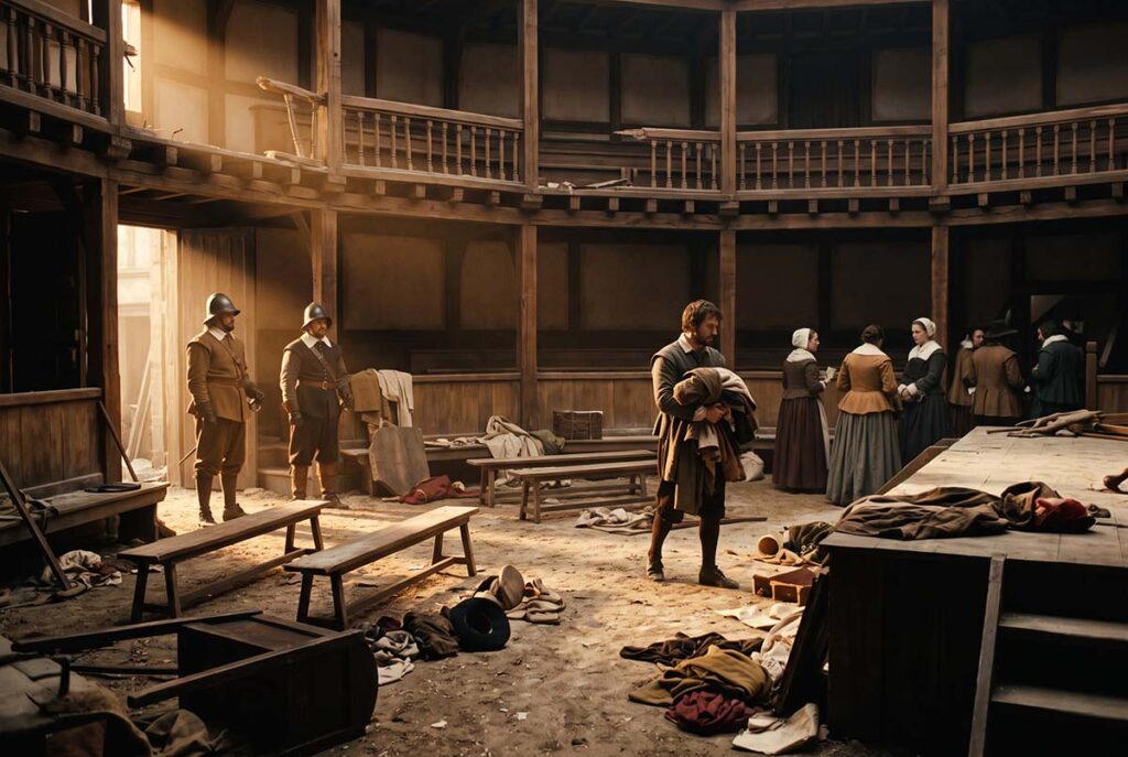 A London playhouse is physically suppressed in 1648 as enforcement reaches performers, spectators, and gathering space.