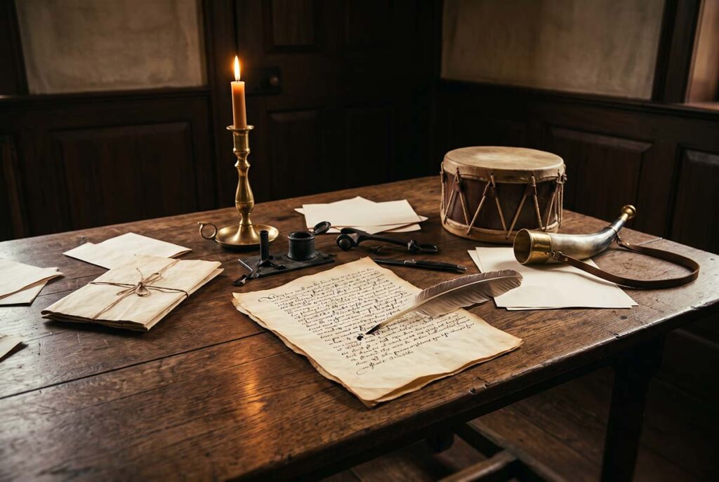 A drum, horn and legal papers represent Section 36 of South Carolina's 1740 slave code.