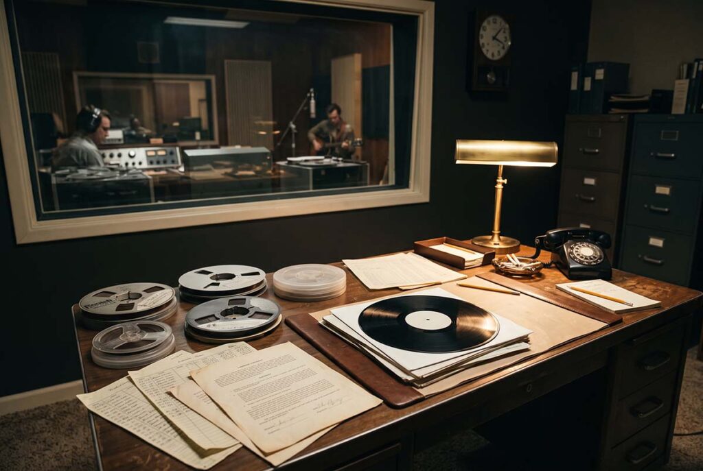 LP, tape reels, contracts, and studio paperwork show how album-scale artistic ambition became an investment structure