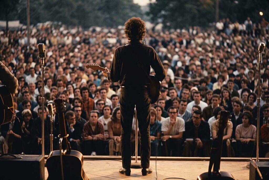 Bob Dylan performs electrically at Newport in 1965 as a dispute over folk authenticity and cultural authority becomes public.