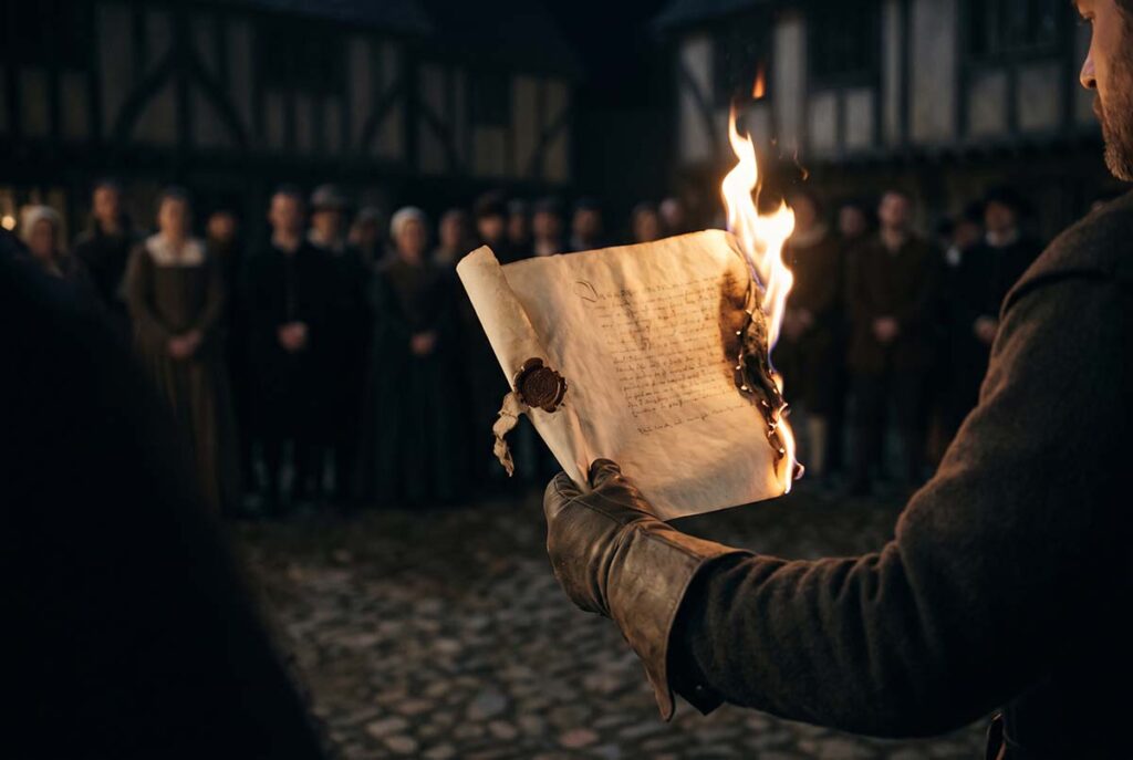 A royal recreation decree burns in 1643, marking Parliament's destruction of the Book of Sports