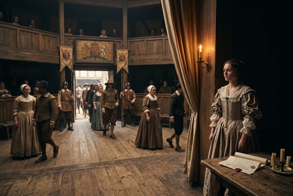 A London theater reopens after 1660 under royal authorization as professional actresses enter the restored public stage.