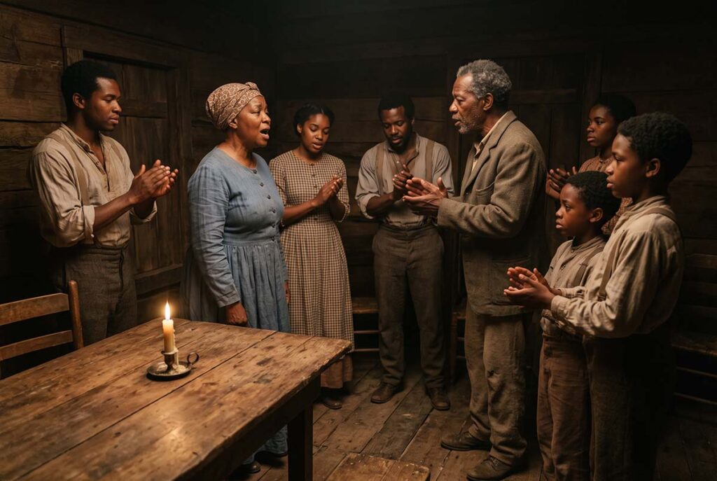 Black worshippers singing together illustrate spirituals carrying theology, memory, and layered communal meaning.