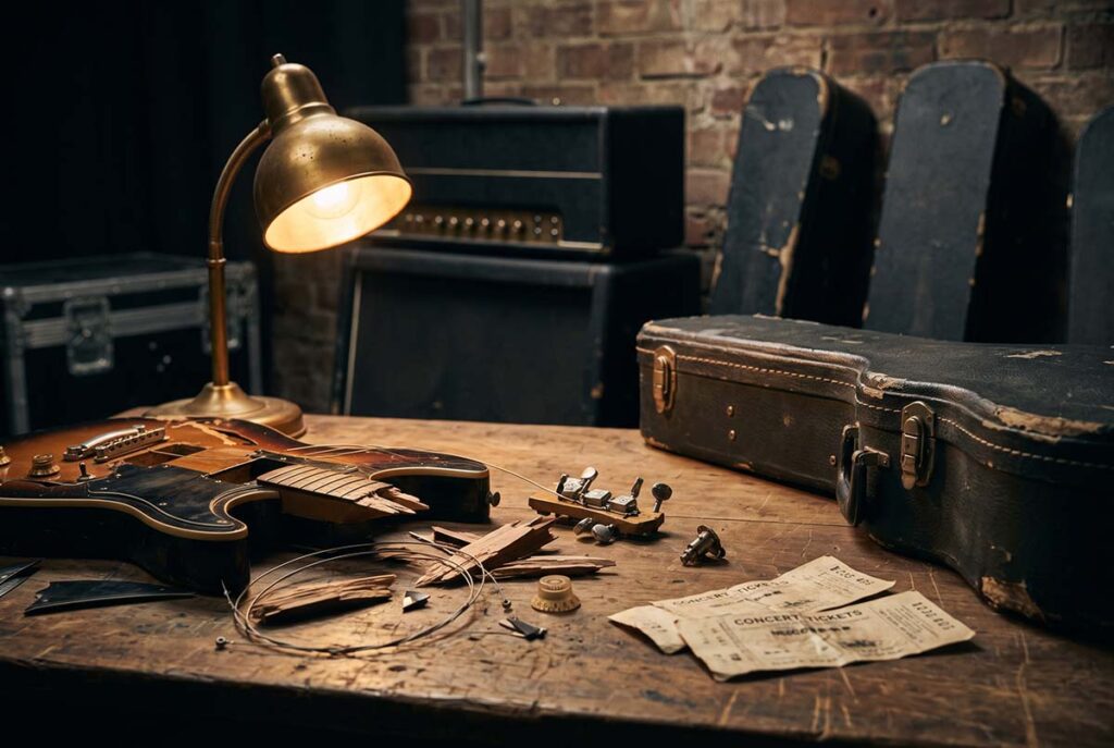 Broken guitar parts, replacement gear, and concert tickets show rock destruction becoming a repeatable commercial spectacle