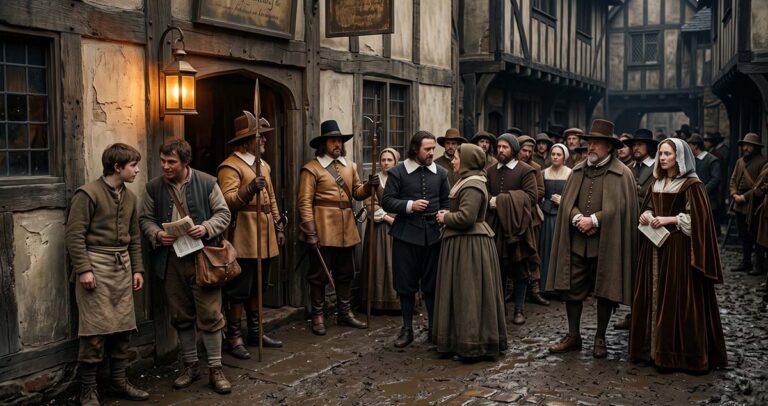 London theater spectators face civic control outside a playhouse during Parliament's 1648 suppression campaign.