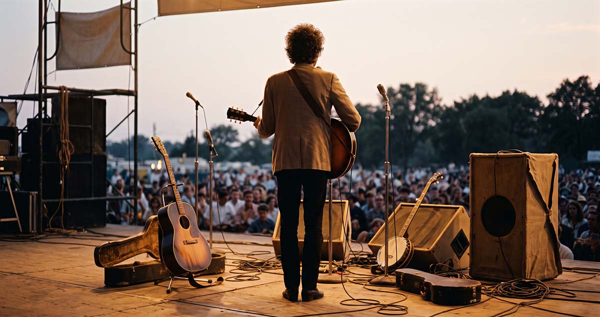 Bob Dylan plays electric guitar at the 1965 Newport Folk Festival as folk's argument over authenticity becomes public.