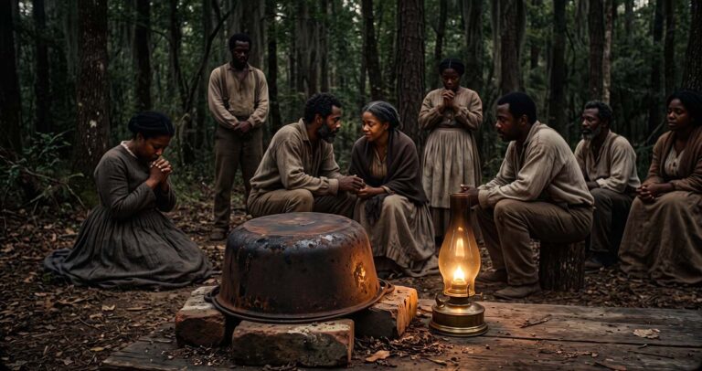 Iron wash pot in a wooded hush harbor, showing an improvised effort to contain worship beyond plantation surveillance.