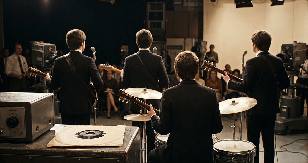 British musicians on 1964 American television beside an R&B record symbolizing the transatlantic return of American music